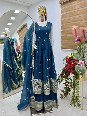 Blue  designer embroidered top plazzo dupatta set for party and wedding 1