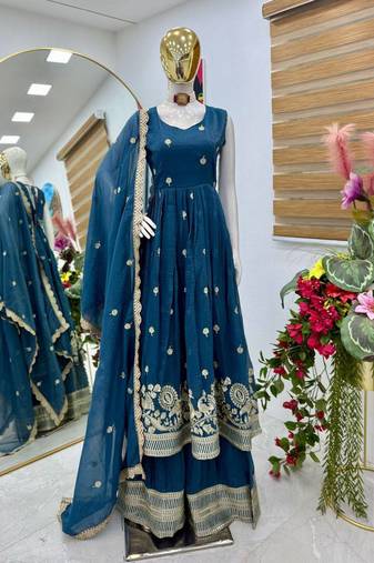 Blue  designer embroidered top plazzo dupatta set for party and wedding