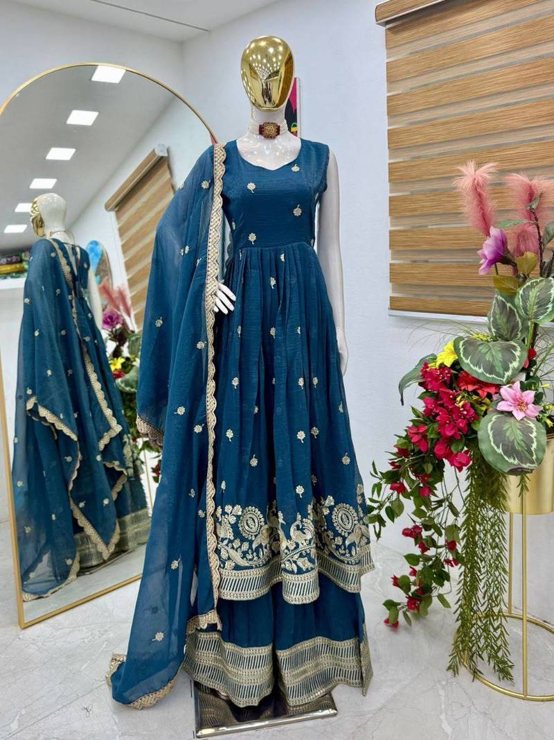 Blue  designer embroidered top plazzo dupatta set for party and wedding