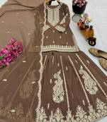 Brown designer embroidered georgette party wear sharara suit and dupatta set