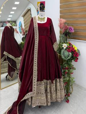 Maroon designer fendy cruse  party wear gown pant  and dupatta set 2