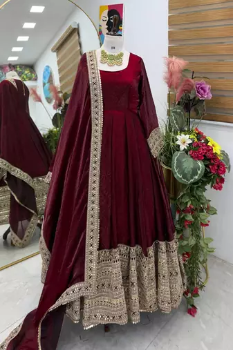 Maroon designer fendy cruse  party wear gown pant  and dupatta set