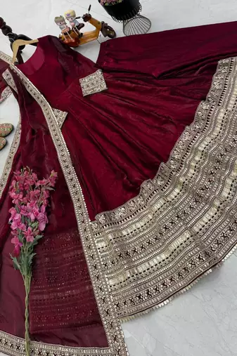 Maroon designer fendy cruse  party wear gown pant  and dupatta set