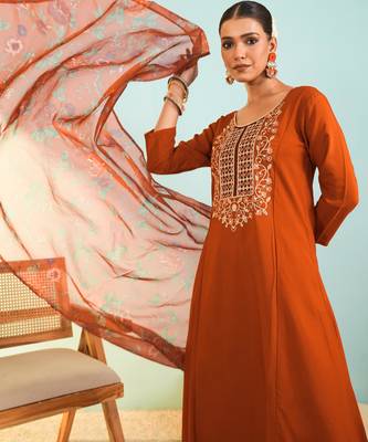 Women's rust viscose embroidered a-line kurta set with dupatta and pant 5