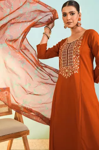 Women's rust viscose embroidered a-line kurta set with dupatta and pant