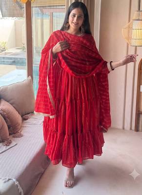Festive red striped anarkali suit with dupatta and pant set 3