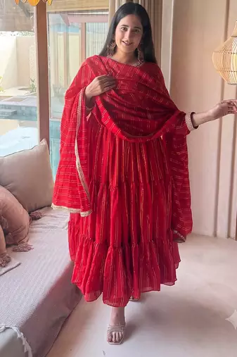 Festive red striped anarkali suit with dupatta and pant set