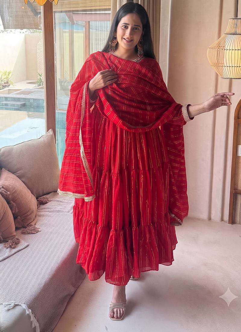 Festive red striped anarkali suit with dupatta and pant set