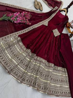 Maroon designer fendy cruse  party wear gown pant  and dupatta set 4