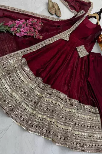 Maroon designer fendy cruse  party wear gown pant  and dupatta set