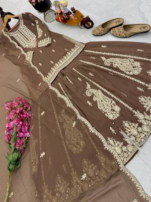 Brown designer embroidered georgette party wear sharara suit and dupatta set 2