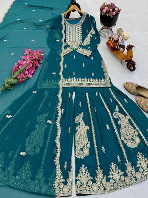 Blue designer embroidered georgette party wear sharara suit and dupatta set 1