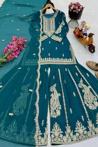 Blue designer embroidered georgette party wear sharara suit and dupatta set
