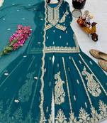 Blue designer embroidered georgette party wear sharara suit and dupatta set