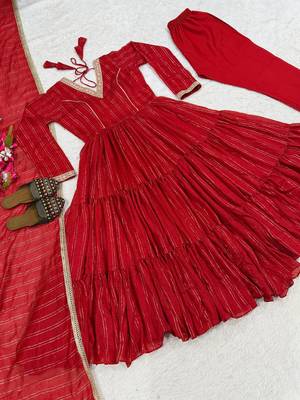 Festive red striped anarkali suit with dupatta and pant set 4