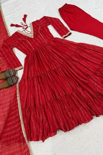 Festive red striped anarkali suit with dupatta and pant set