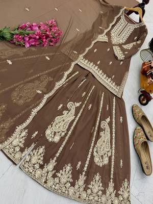 Brown designer embroidered georgette party wear sharara suit and dupatta set 3