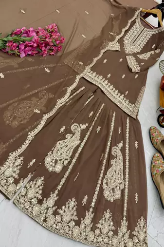 Brown designer embroidered georgette party wear sharara suit and dupatta set