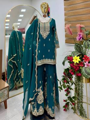 Blue designer embroidered georgette party wear sharara suit and dupatta set 2
