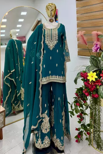 Blue designer embroidered georgette party wear sharara suit and dupatta set