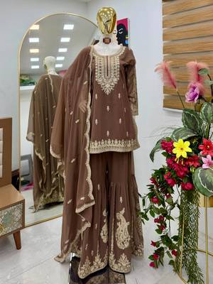 Brown designer embroidered georgette party wear sharara suit and dupatta set 4