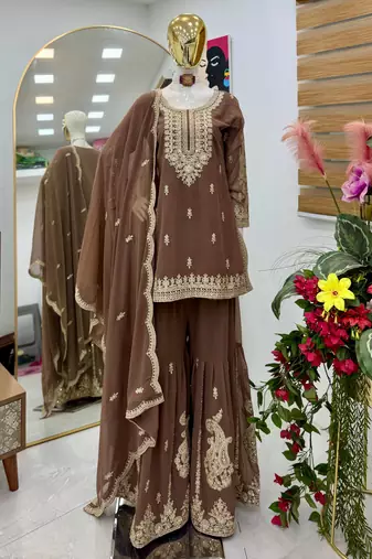 Brown designer embroidered georgette party wear sharara suit and dupatta set
