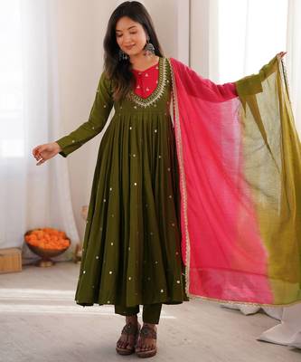 Premium green heavy neck embroidery anarkali suit set with dupatta & pant 1