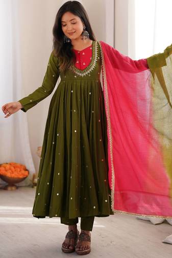 Premium green heavy neck embroidery anarkali suit set with dupatta & pant