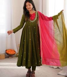 Premium green heavy neck embroidery anarkali suit set with dupatta & pant