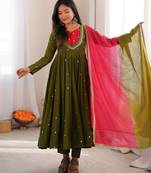 Premium green heavy neck embroidery anarkali suit set with dupatta & pant