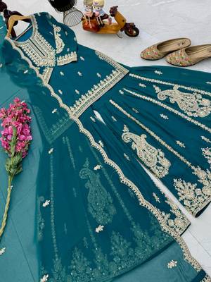 Blue designer embroidered georgette party wear sharara suit and dupatta set 3