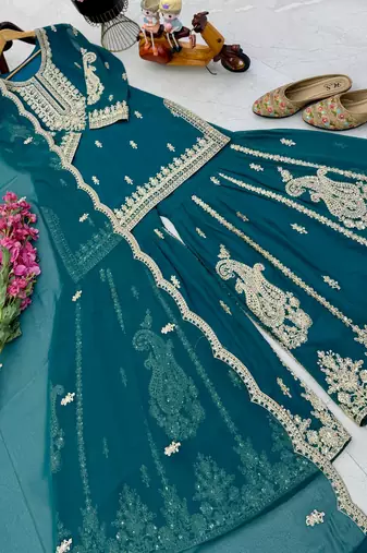 Blue designer embroidered georgette party wear sharara suit and dupatta set