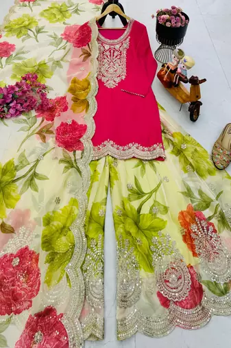 Pink  designer embroidered top plazzo dupatta set for party and wedding