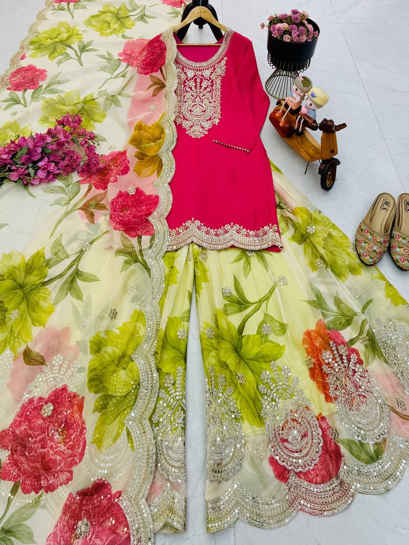 Pink  designer embroidered top plazzo dupatta set for party and wedding