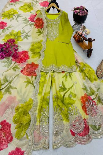 Parrot green designer embroidered top plazzo dupatta set for party and wedding