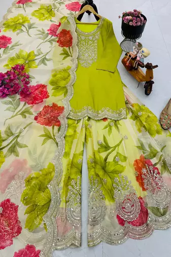 Parrot green designer embroidered top plazzo dupatta set for party and wedding