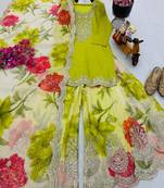 Parrot green designer embroidered top plazzo dupatta set for party and wedding