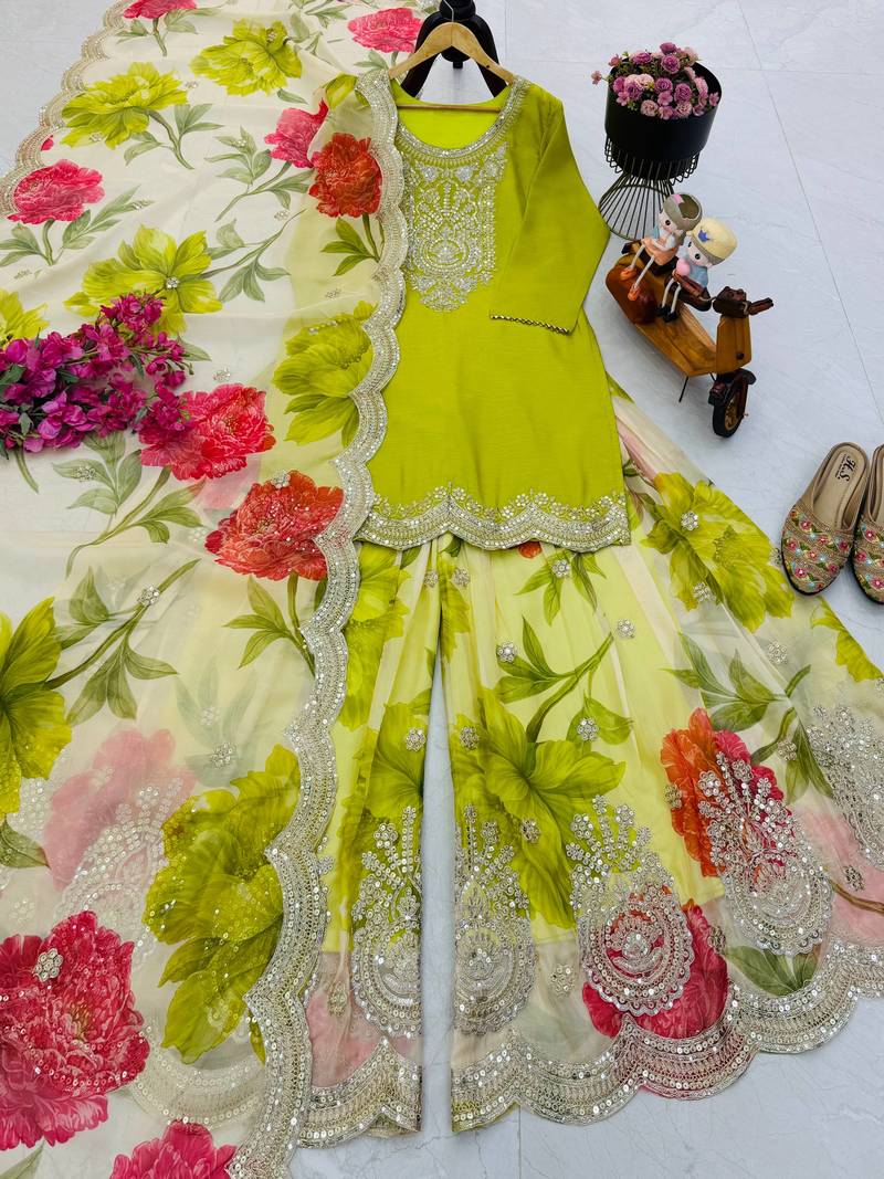 Parrot green designer embroidered top plazzo dupatta set for party and wedding