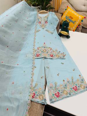 Sky mal chanderi codding embroidery siqunce work kurta sharara with duppta set 1