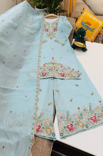 Sky mal chanderi codding embroidery siqunce work kurta sharara with duppta set