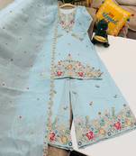 Sky mal chanderi codding embroidery siqunce work kurta sharara with duppta set