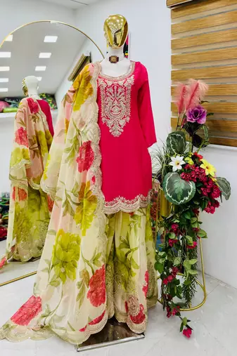 Pink  designer embroidered top plazzo dupatta set for party and wedding