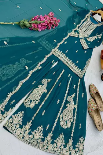 Blue designer embroidered georgette party wear sharara suit and dupatta set