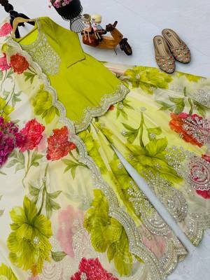 Parrot green designer embroidered top plazzo dupatta set for party and wedding 2