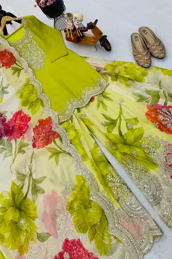 Parrot green designer embroidered top plazzo dupatta set for party and wedding