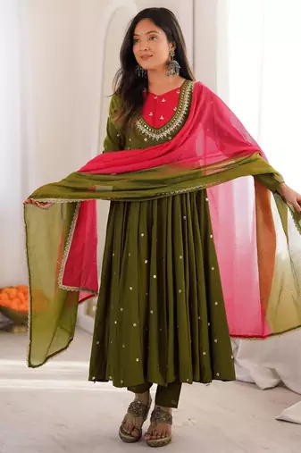 Premium green heavy neck embroidery anarkali suit set with dupatta & pant