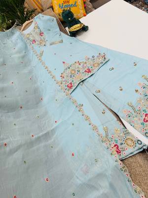 Sky mal chanderi codding embroidery siqunce work kurta sharara with duppta set 2