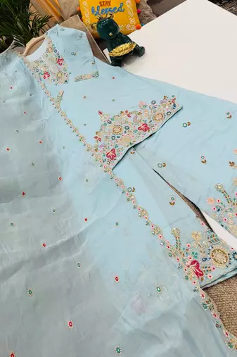 Sky mal chanderi codding embroidery siqunce work kurta sharara with duppta set