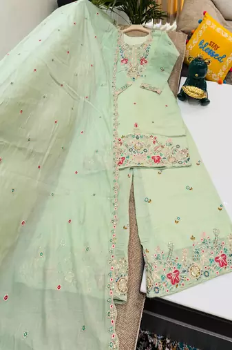 Pista mal chanderi codding embroidery siqunce work kurta sharara with duppta set