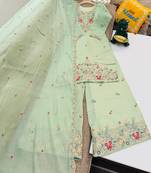 Pista mal chanderi codding embroidery siqunce work kurta sharara with duppta set